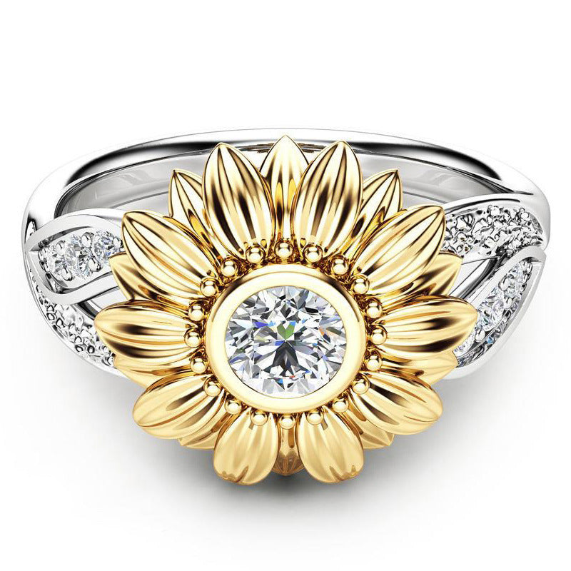 Two-Tone Sunflower Ring - Gold & Silver Crystal Flower Ring