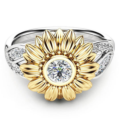 Two-Tone Sunflower Ring - Gold & Silver Crystal Flower Ring