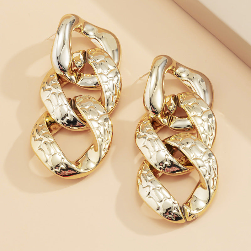 Textured Chain Link Earrings - Gold Hammered Curb Chain Drop Earrings