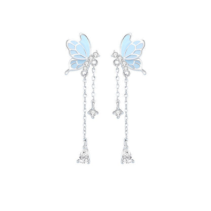 Luminous Butterfly Earrings - S925 Silver Long Chain Drop with Blue Enamel Wings