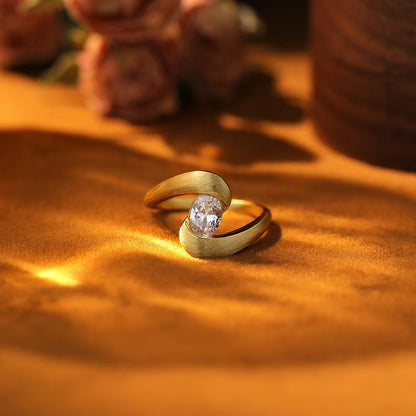 Contemporary Twist Ring - Brushed Gold Geometric Ring with Crystal Stone