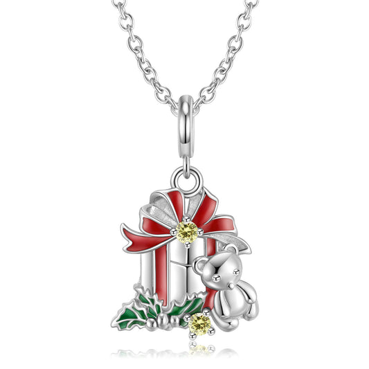 Christmas Teddy Bear Necklace - S925 Silver Holiday Gift Pendant