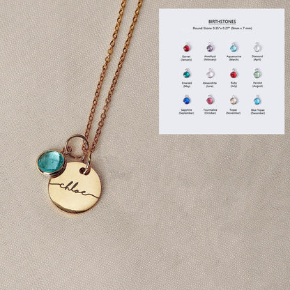 Birthstone Name Necklace - Personalized Disc with Crystal Charm