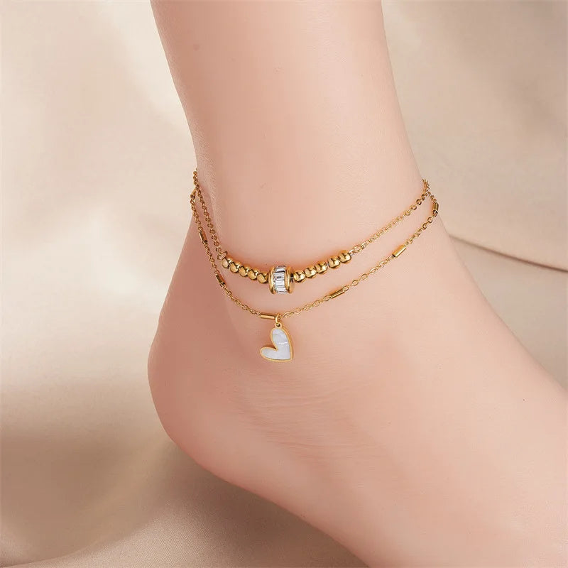 Layered Heart Anklet - Gold Double Chain Anklet with Enamel Heart Charm