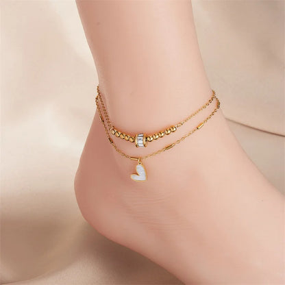 Layered Heart Anklet - Gold Double Chain Anklet with Enamel Heart Charm