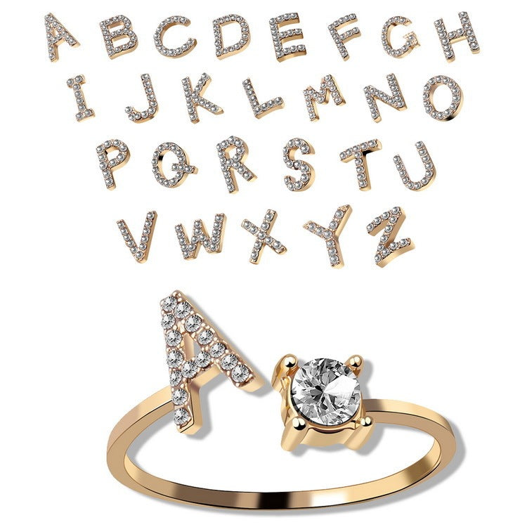 Crystal Initial Ring - Adjustable Letter Ring with Solitaire Stone Accent (A-Z Available)