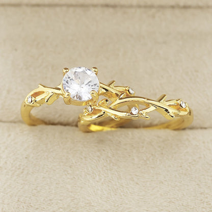 Botanical Ring Set - Gold Leaf Design Band and Solitaire Crystal Ring (2 Pieces)