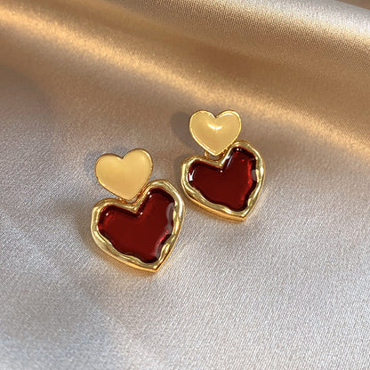 Red & Gold Heart Stud Earrings - Double Layer Heart Post Earrings with Enamel