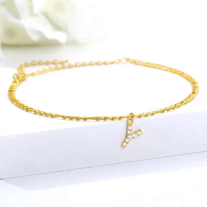 Crystal Initial Anklet - Gold or Silver Figaro Chain with Letter Charm (A-Z)