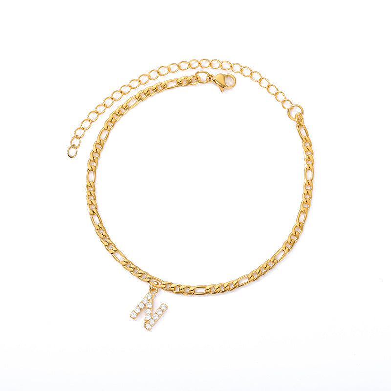 Crystal Initial Anklet - Gold or Silver Figaro Chain with Letter Charm (A-Z)