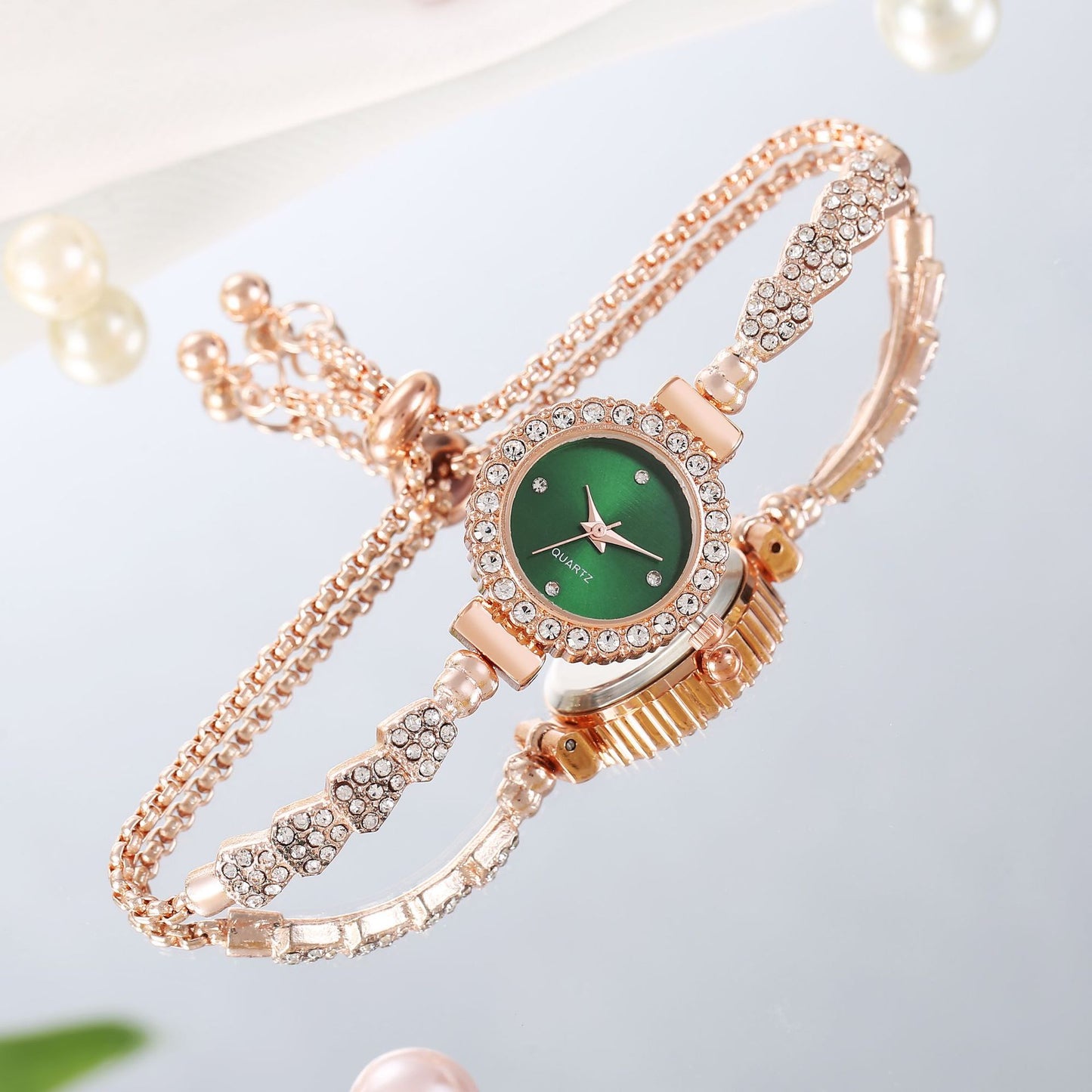 Crystal Bracelet Watch - Double Strand Chain Watch with Round Crystal Face (6 Colors)
