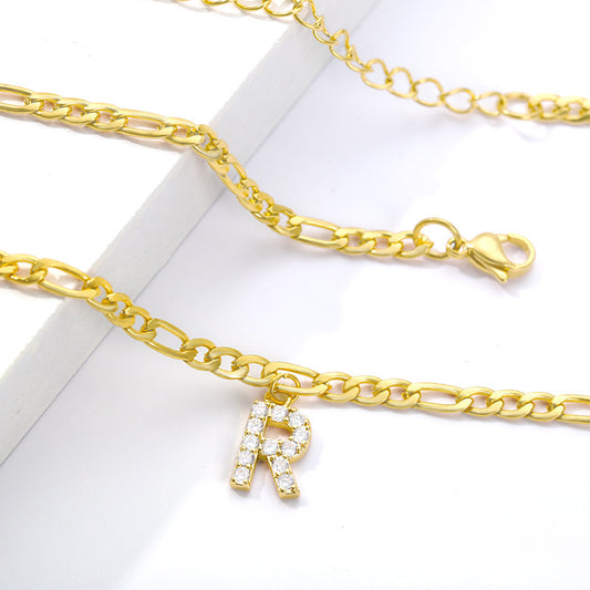 Crystal Initial Anklet - Gold or Silver Figaro Chain with Letter Charm (A-Z)