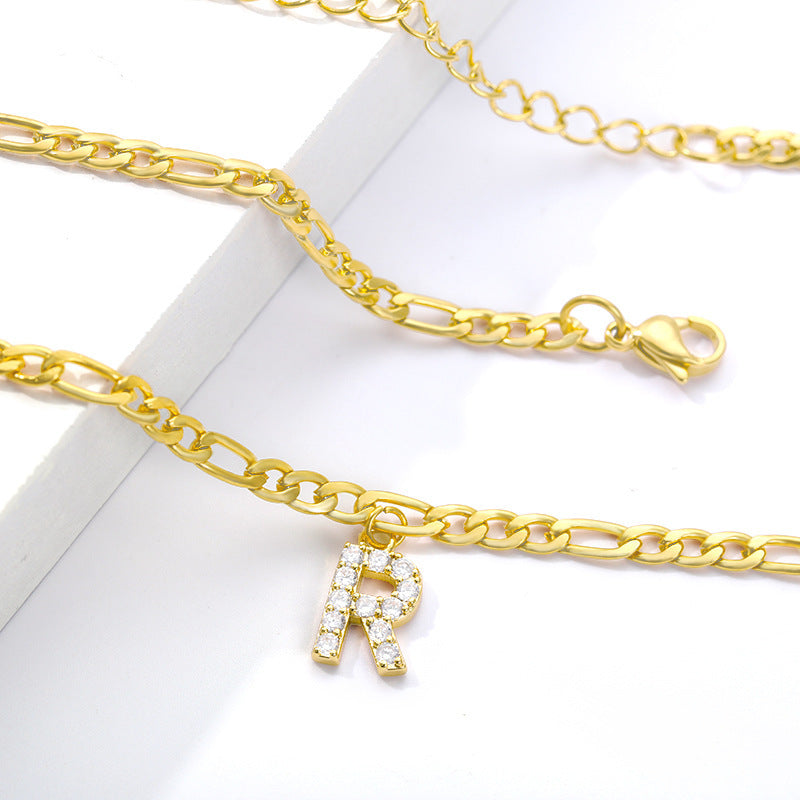 Crystal Initial Anklet - Gold or Silver Figaro Chain with Letter Charm (A-Z)