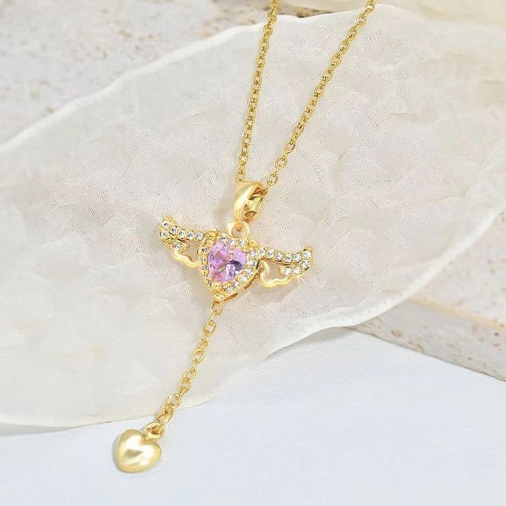Angel Wing Fluttering Heart Necklace - Silver Cupid Pendant with Pink Crystal and Pearl Drop