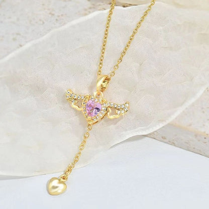 Angel Wing Fluttering Heart Necklace - Silver Cupid Pendant with Pink Crystal and Pearl Drop