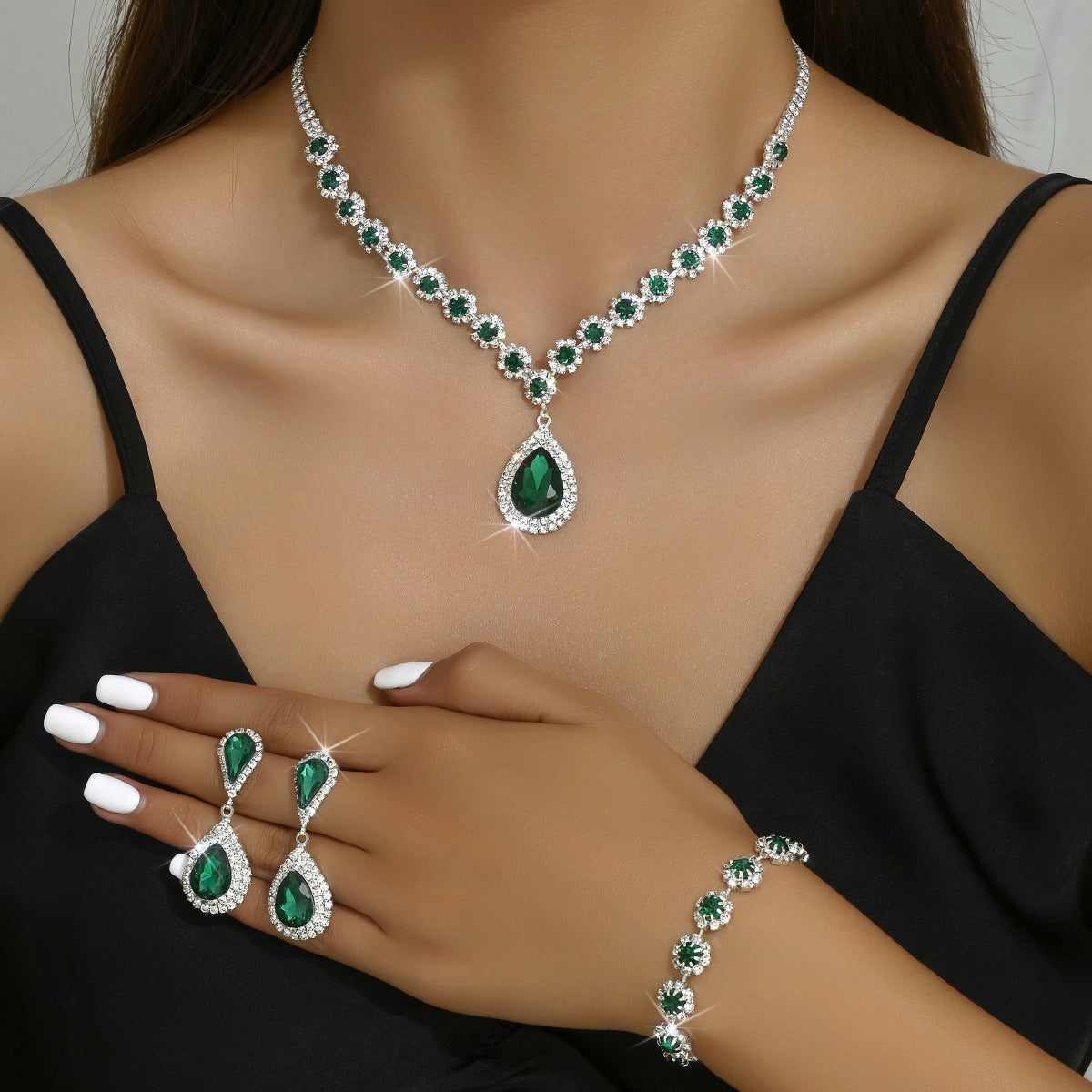 Emerald Crystal Jewelry Set - 4-Piece Teardrop Necklace, Earrings, Bracelet & Ring with Halo Accents