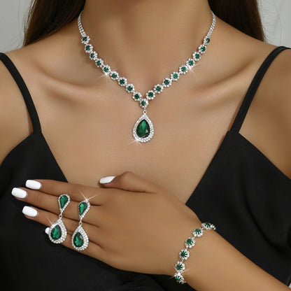 Emerald Crystal Jewelry Set - 4-Piece Teardrop Necklace, Earrings, Bracelet & Ring with Halo Accents