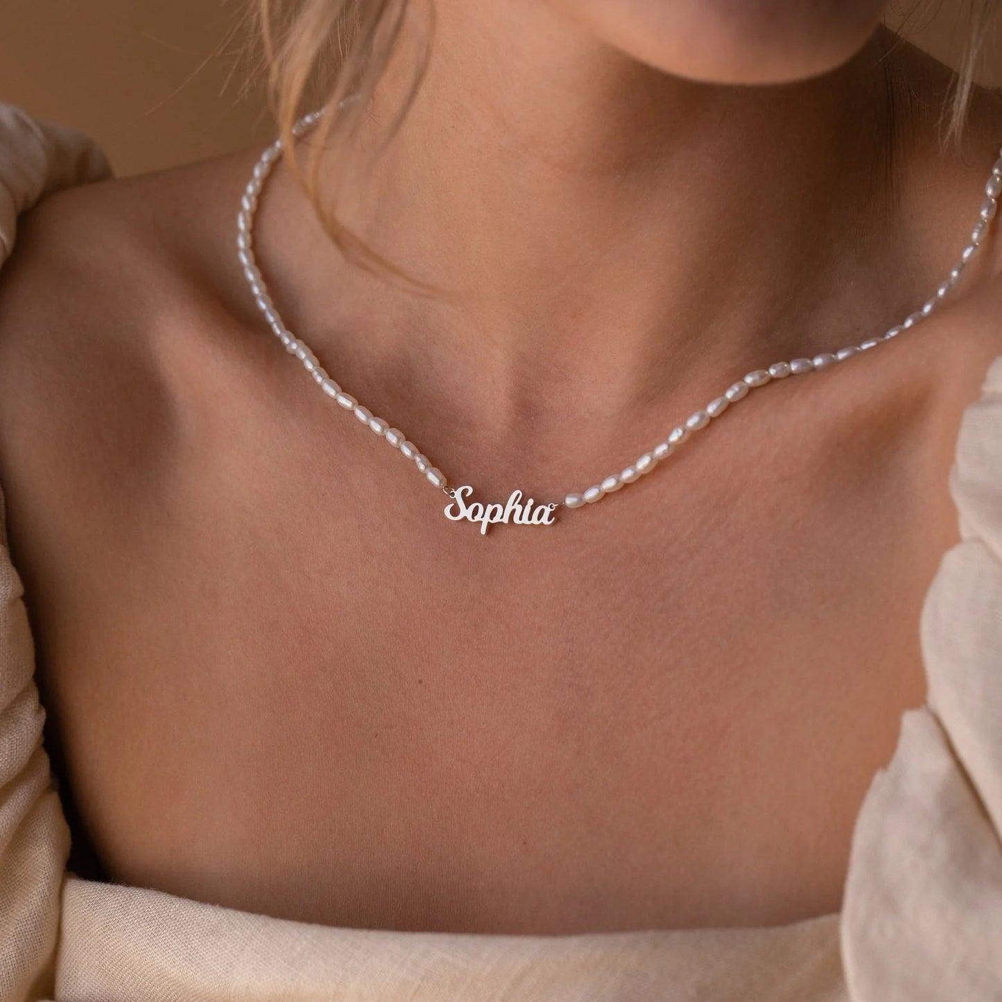Personalized Pearl Beaded Name Necklace - Custom Nameplate with Natural Pearl Strand