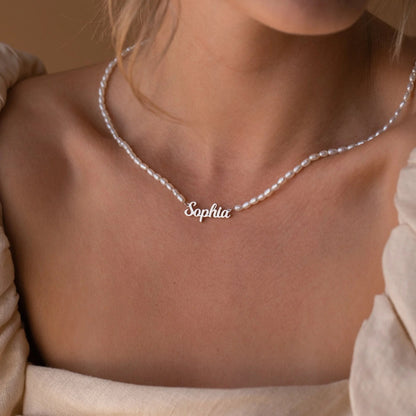 Personalized Pearl Beaded Name Necklace - Custom Nameplate with Natural Pearl Strand