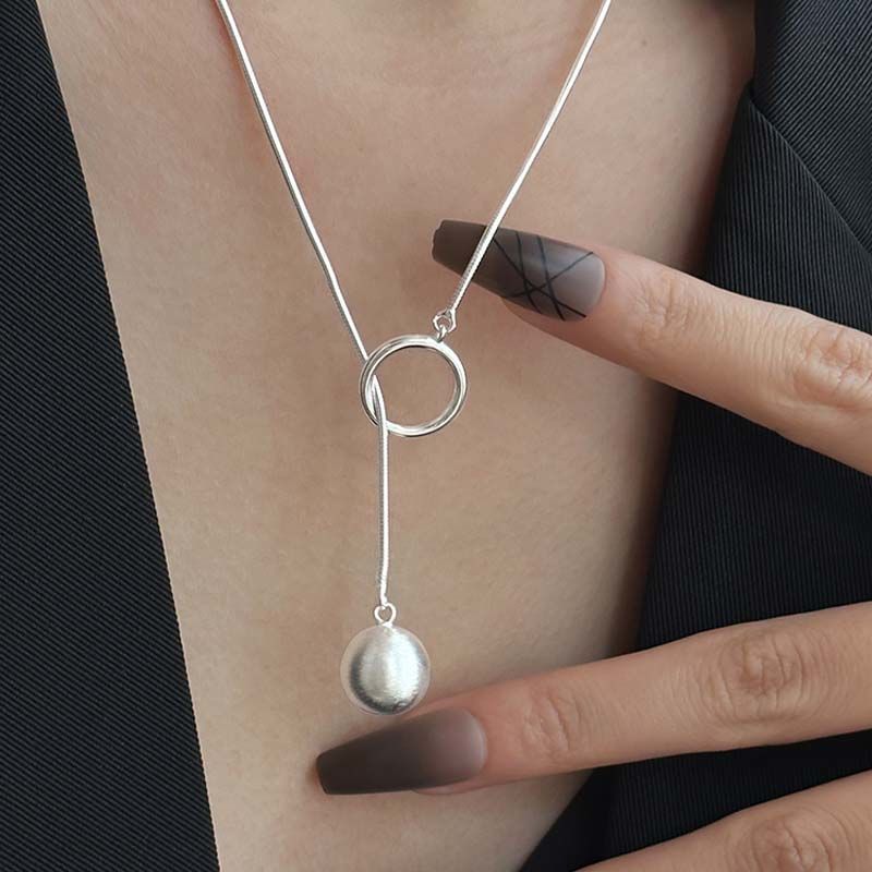 Silver Lariat Necklace - Circle Y-Drop Necklace with Ball Pendant on Snake Chain