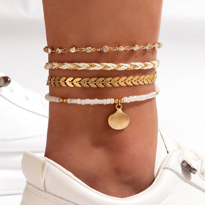 Boho Beach Anklet Set - 4-Piece Gold Layered Anklet with Shell Charm