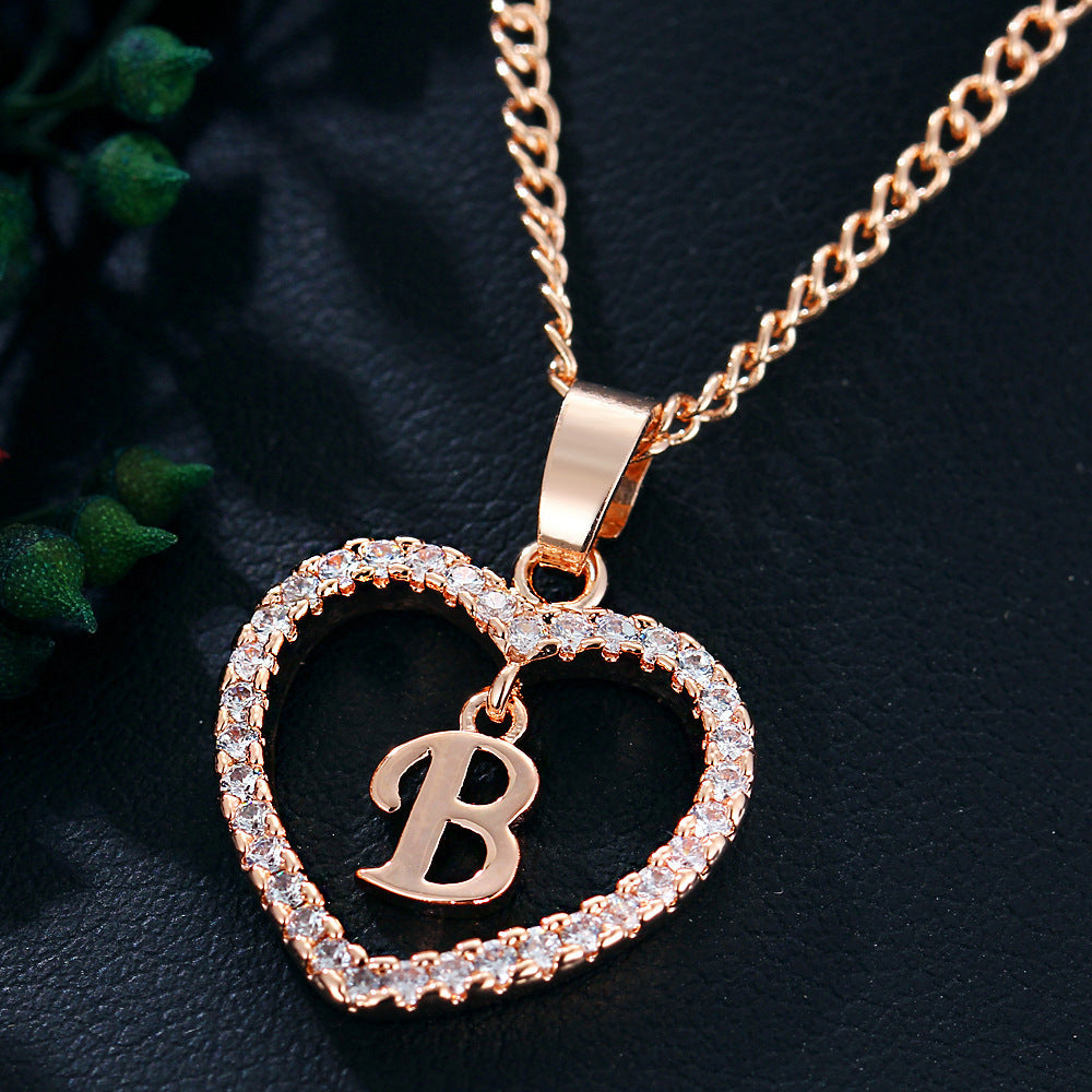 Crystal Heart Initial Necklace - Rose Gold Letter Pendant Necklace with Crystal Border (A-Z)