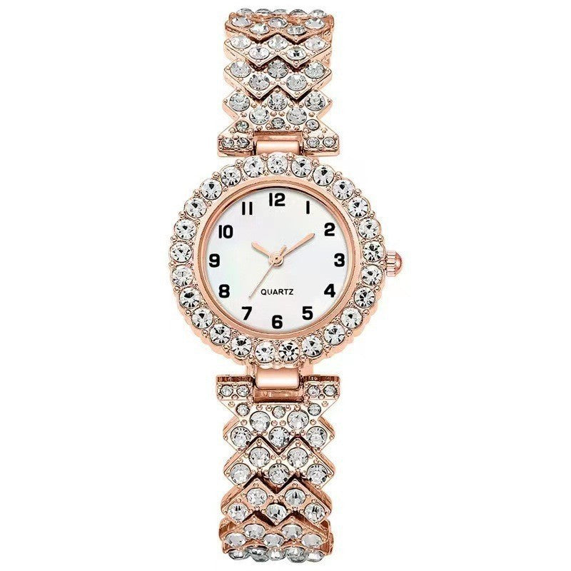 Crystal Watch & Bracelet Set - Pavé Bezel Quartz Watch with Heart Link Bracelet