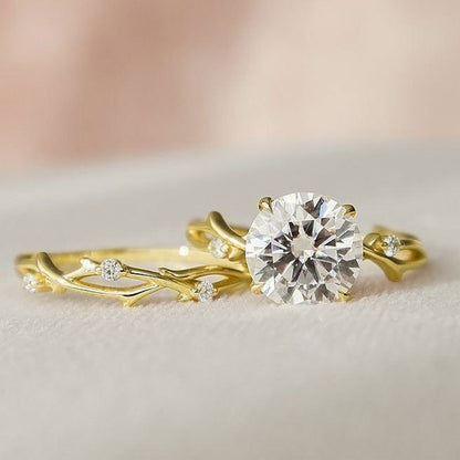 Botanical Ring Set - Gold Leaf Design Band and Solitaire Crystal Ring (2 Pieces)