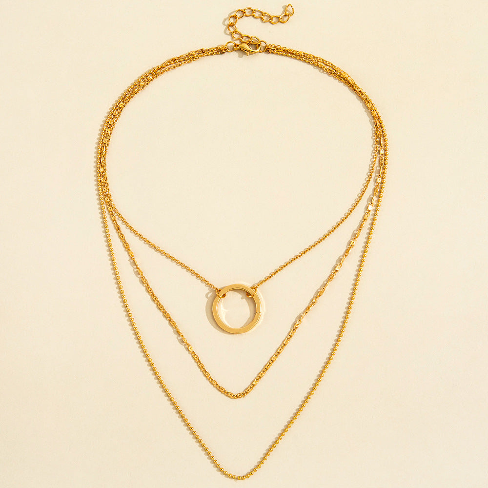 Layered Gold Necklace Set - Triple Chain with Circle Pendant Choker