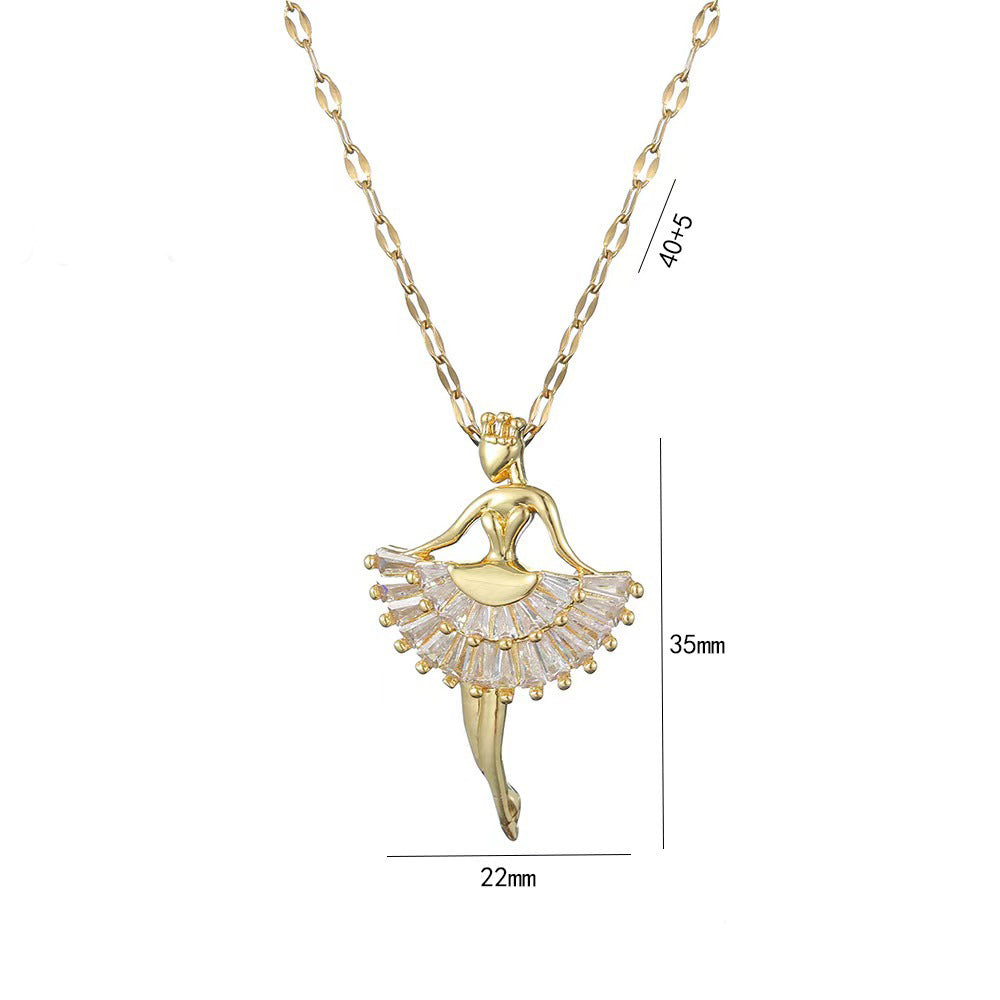 Ballet Dancer Necklace - Gold Angel Ballerina Pendant with Pink Crystal Skirt Detail