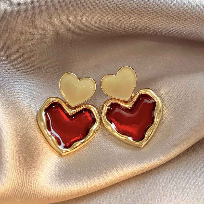 Red & Gold Heart Stud Earrings - Double Layer Heart Post Earrings with Enamel
