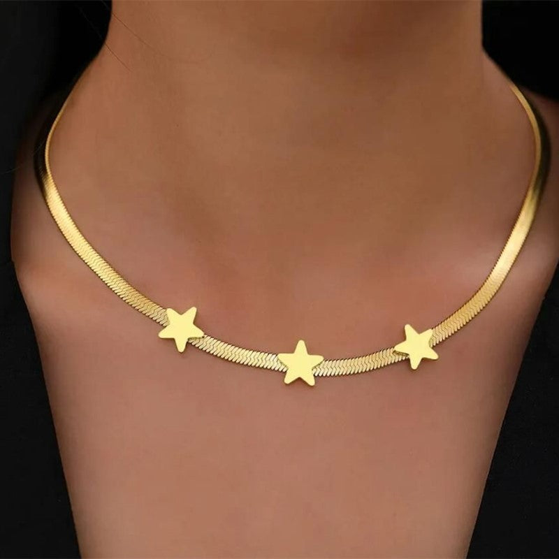 Three Star Necklace - Minimalist Choker Necklace with Gold Star Accent Design