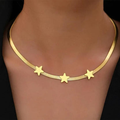 Three Star Necklace - Minimalist Choker Necklace with Gold Star Accent Design