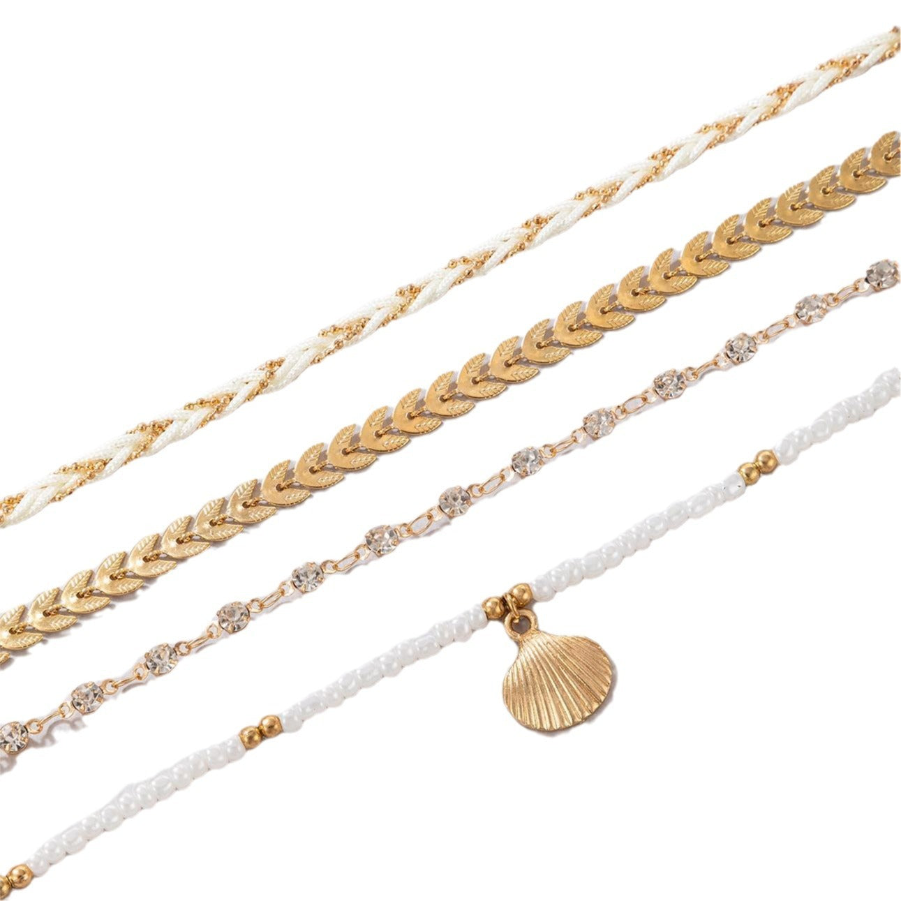 Boho Beach Anklet Set - 4-Piece Gold Layered Anklet with Shell Charm