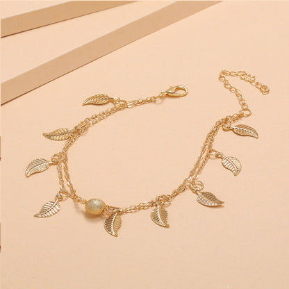 Gold Leaf Charm Anklet - Layered Chain Anklet with Dangling Leaf Charms