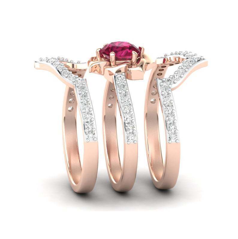 Ruby Halo Ring Set - Rose Gold Multi-Band Ring with Red Crystal Center Stone
