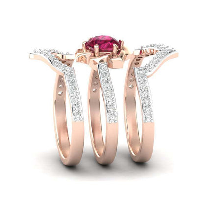 Ruby Halo Ring Set - Rose Gold Multi-Band Ring with Red Crystal Center Stone