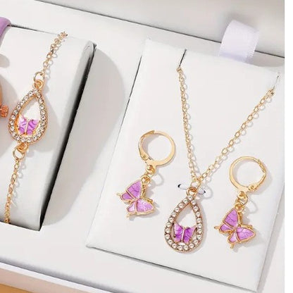 Butterfly Crystal Jewelry Set - 4-Piece Necklace Earrings Bracelet Ring Set in 4 Colors