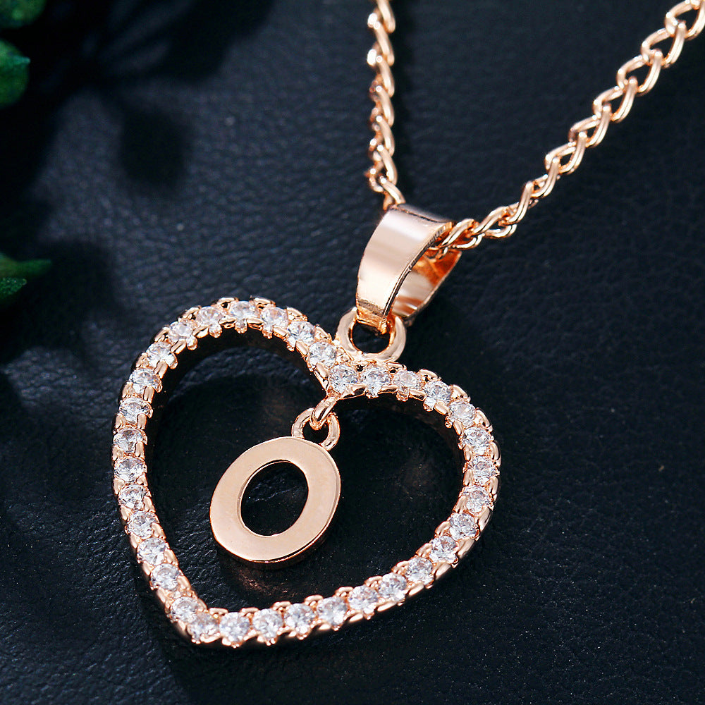 Crystal Heart Initial Necklace - Rose Gold Letter Pendant Necklace with Crystal Border (A-Z)