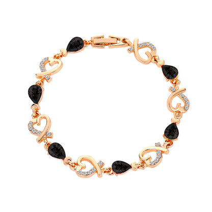 Crystal Heart Link Bracelet - Rose Gold Open Heart Chain with Teardrop Accents