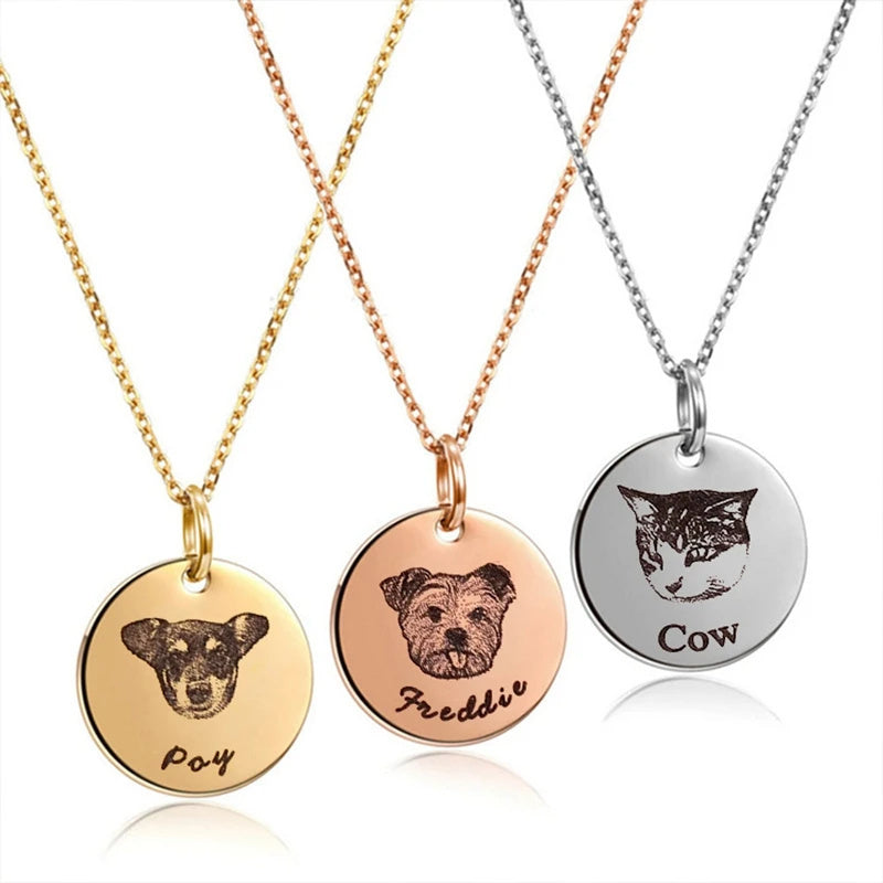 Custom Pet Photo Necklace - Personalized Pet Portrait Pendant with Name Engraving