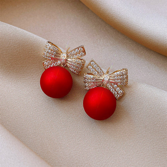 Holiday Bow Ornament Earrings - Red Stud Earrings with Crystal Bow Topper