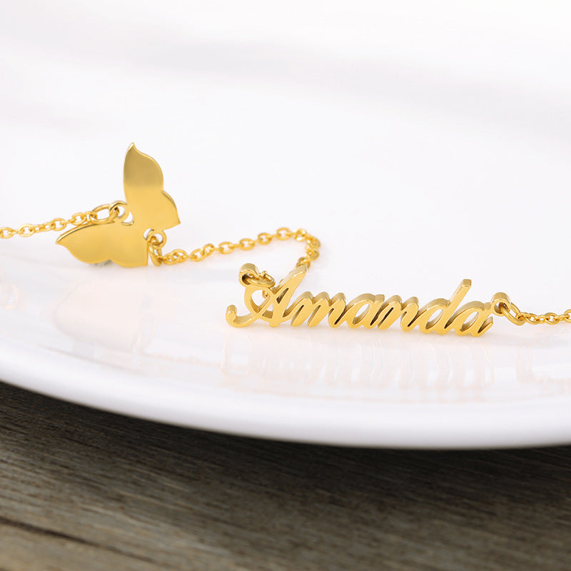 Custom Name Butterfly Necklace - Personalized Double Layer Chain with Butterfly Charm