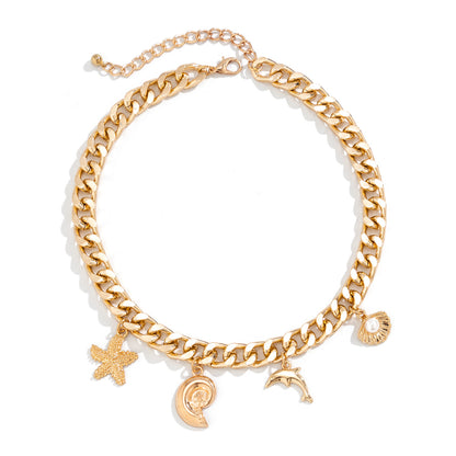 Beachy Charm Necklace & Bracelet - Gold Chain Jewelry with Moon, Star & Shell Dangles