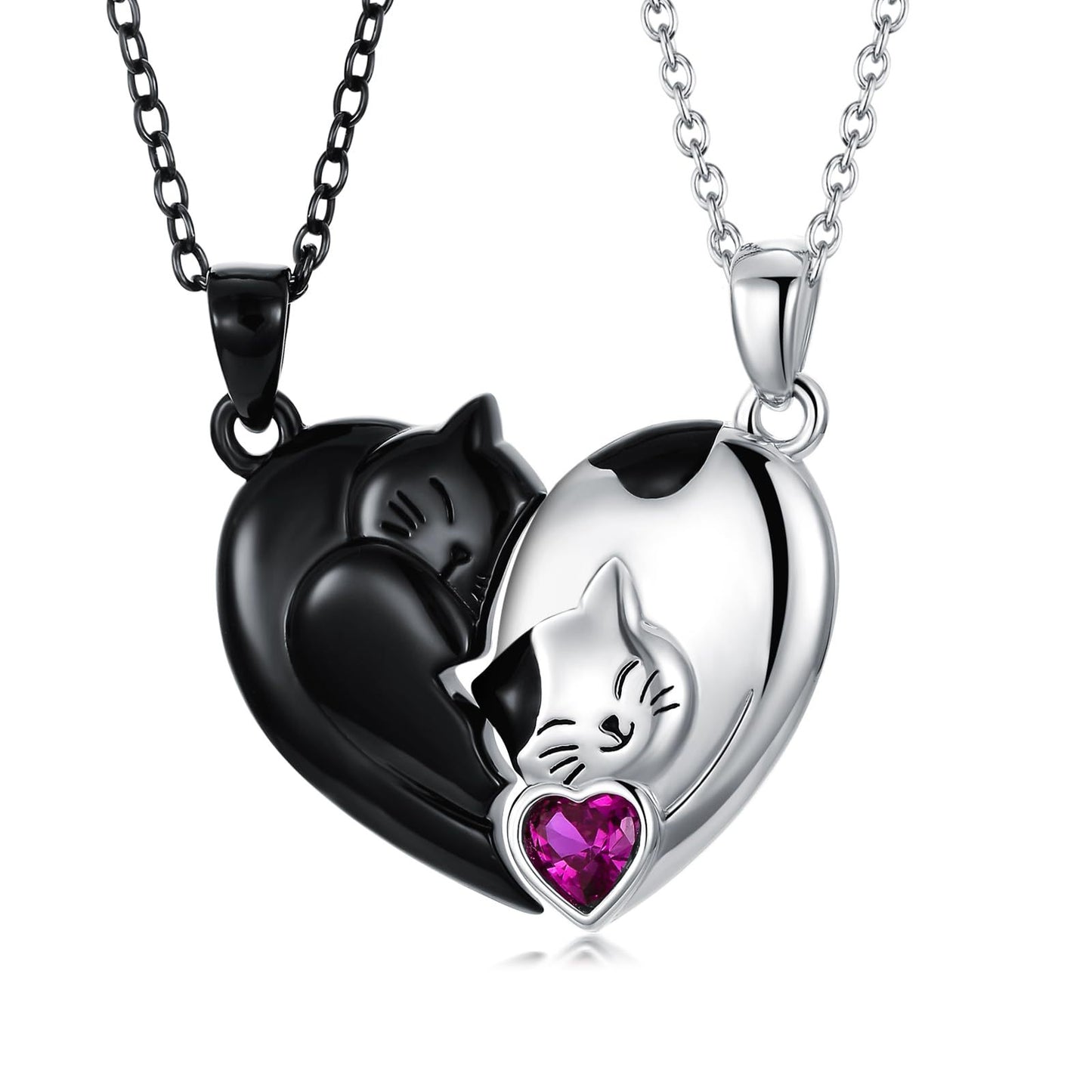 Couple Cat Necklace Set - His & Hers Matching Heart Pendant Necklaces with Crystal