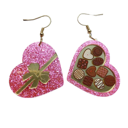 Heart Chocolate Box Earrings - Novelty Valentine's Day Earrings with Bow and Candy Design