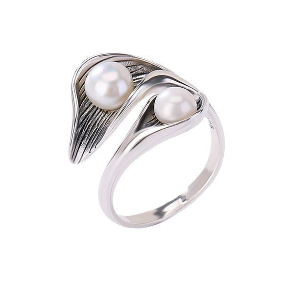 Twin Pearl Adjustable Ring - Open Silver Ring with Double Pearl Accents