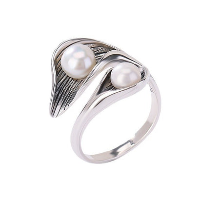 Twin Pearl Adjustable Ring - Open Silver Ring with Double Pearl Accents