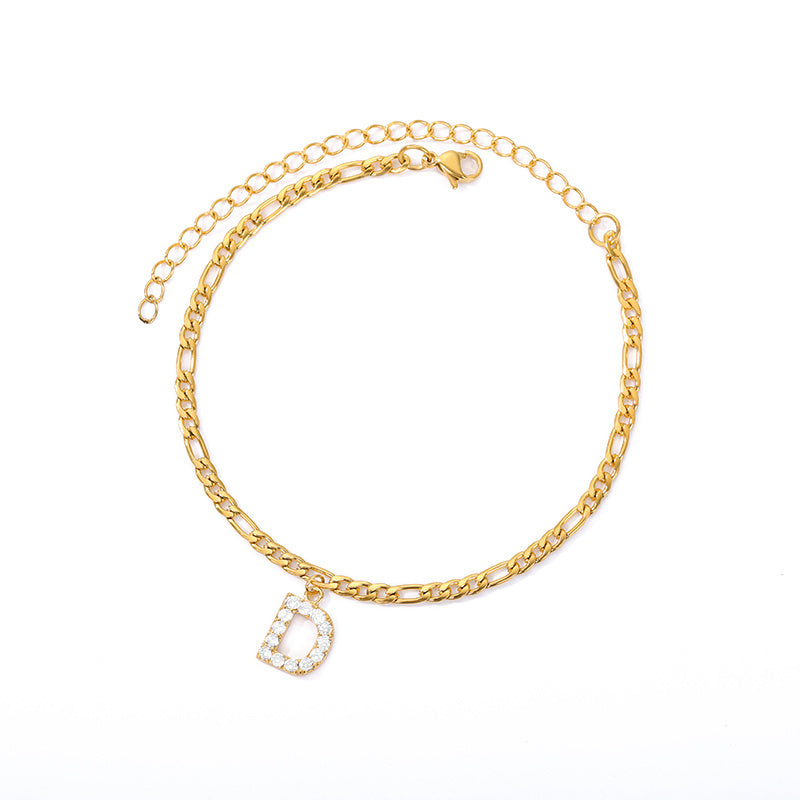 Crystal Initial Anklet - Gold or Silver Figaro Chain with Letter Charm (A-Z)