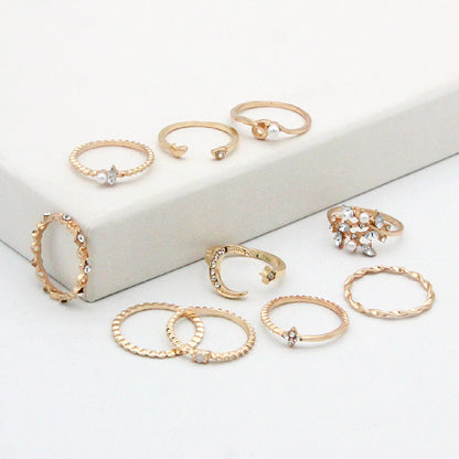 Celestial Ring Set - 10-Piece Gold Stacking Rings with Moon, Star and Crystal Accents
